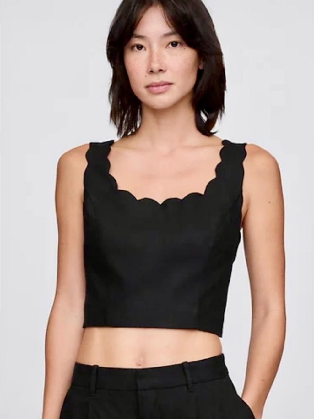 GAP Black Linen Scalloped-Edge Crop Tank Sz Small Casual/ Vacation